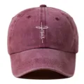 Gewassen katoenen honkbalpet met kruis en Jesus print voor een casual en stijlvolle look. - Verstelbaar / Bordeauxrood