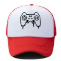 Gorra de béisbol de malla roja y blanca con estampado gráfico de mando de juego elegante. - Ajustable / Rojo Blanco