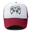 Trendy red and white mesh baseball cap featuring a cool game controller print, ideal for summer. - Adjustable / Wine Red White