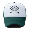 Fashion gaming controller print trucker hat, green and white mesh baseball cap for summer. - Adjustable / Dark Green and White
