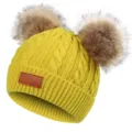 Kids double pom pom knit winter hat bright yellow warm infant cap with cute fur balls - Yellow