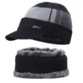 Men's winter thick knitted beanie hat and neck warmer scarf set, black grey fleece lined warm cap. - 55-60cm / Style 1 / Black