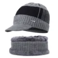 Men's winter knitted beanie hat and thick fleece lined neck warmer set in grey color - 55-60cm / Style 1 / Gray