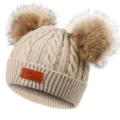 Kids winter warm knit hat with double faux fur pom poms cute beige beanie cap for babies - 40-50cm / Khaki