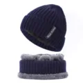 Set di berretto in maglia invernale da uomo e sciarpa foderata in pile caldo blu. - Set da 2 Pezzi (Cappello + Sciarpa) / Blu navy