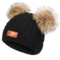 Kids winter double pom pom knit beanie hat black cute warm baby children cap fluffy fur balls - Black