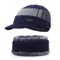 Men Winter Knitted Beanie Hat and Scarf Set Fleece Lined Thick Warm Cap for Cold Weather - 55-60cm / Style 1 / Navy Blue