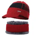 Men Winter Knitted Hat Scarf Set Fleece Lined Warm Thick Beanie Cap with Brim Neck Warmer - 55-60cm / Style 1 / Burgundy