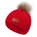 Berretto invernale in maglia rossa per bambini con pon-pon in pelliccia e etichetta in pelle. - 40-50cm / Rosso