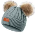 Kids double pom pom knit beanie hat winter warm thick cute children woolen cap soft faux fur - Gray