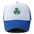 Blue and white mesh trucker hat with green shamrock clover print, breathable summer baseball cap. - Adjustable / Royal Blue/White