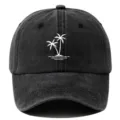 Washed cotton baseball cap with palm tree graphic, distressed vintage black summer dad hat. - Adjustable / Black
