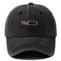 Cappellino da baseball nero lavato vintage con stampa batteria 1%, cotone casual. - Regolabile / Nero