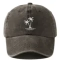 Washed cotton baseball cap featuring palm tree print, distressed vintage summer dad hat. - Adjustable / Coffee