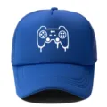 Blue trucker hat with white melting game controller print, stylish mesh cap for summer. - Adjustable / Sapphire Blue