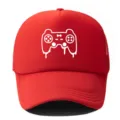 Red trucker baseball hat with white dripping video game controller graphic print for summer wear. - Adjustable / Red
