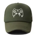 Army green mesh baseball cap with stylish video game controller print for casual summer daily wear. - Adjustable / Army Green