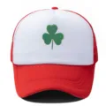 Red and white mesh baseball cap featuring green shamrock print, breathable outdoor sun hat. - Adjustable / Red White