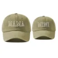 Khaki gewassen katoen ouder-kind honkbalpet set met MAMA en MINI borduurwerk - Khaki