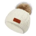 Kinderen warme gebreide muts wintermuts met zachte bont pompon en lederen patch - 40-50cm / Wit