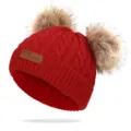 Red knitted baby beanie hat with double faux fur pom poms warm winter toddler cap - 40-50cm / Red