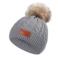 Grijs kinder gebreide muts met pluizige pompon en leren patch, warme herfst winter muts - 40-50cm / Grijs
