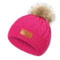 Kinderen winter warme gebreidemuts beanie met nepbont pompom en stijlvol lederen patch. - 40-50cm / Rozerood