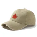Vintage washed cotton baseball cap with red maple leaf embroidery for outdoor sun protection. - Adjustable / Khaki