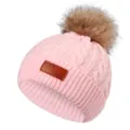 Kinderen warme gebreide muts muts met nepbont pompom en lederen patch roze winter - 40-50cm / Roze