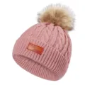 Roze kabel gebreide muts met kunstbont pompon en lederen patch, warme winter kinder muts - 40-50cm / Dieproze