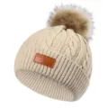 Kinder beige kabel gebreide muts winter warm nep bont pompon schattige baby muts met patch - 40-50cm / Beige