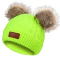 Neon yellow kids cable knit beanie with fluffy faux fur double pom poms warm winter hat - 40-50cm / Neon Yellow