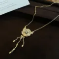 Exquisite gold-plated zircon flower tassel necklace, elegant clavicle chain for women daily wear. - Camellia Tassel Necklace / Gold
