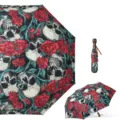 Paraguas plegable automático con estampado de calavera y rosas, diseño gótico y moderno. - Paraguas calavera de 23 pulgadas con 8 varillas plegable en tres automático / Impresión digital de rosa roja