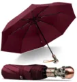 Paraguas plegable burdeos con mango de calavera metalica, paraguas de viaje automatico - Paraguas calavera de 23 pulgadas con 8 varillas plegable en tres automático / Burdeos