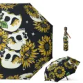 Kompakter, dreifach faltbarer Taschenschirm mit stilvollem Totenkopf und Sonnenblumen. - 23-Zoll-Regenschirm mit 8 Speichen, Totenkopf-Design, dreifach faltbar, Automatik / Sonnenblumen-Digitaldruck