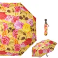 Automatischer hochwertiger Faltschirm mit Totenkopf Griff und Rosen Blumen Print - 23-Zoll-Regenschirm mit 8 Speichen, Totenkopf-Design, dreifach faltbar, Automatik / Digitaldruck mit bunten Rosen
