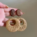 Böhmische Holz geflochtene Ohrringe, natürliche Bast Kreis Anhänger Urlaubs Schmuck Detail - Ovaler Gewebter Stil (6#) / Oval / Braun