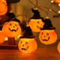Guirnalda de luces LED de calabaza de Halloween con sombrero de bruja, decoración naranja. - 1,5m 10 LED luz fija con caja de 2 pilas AA / Calabaza con sombrero 5*7 cm