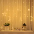 LED estrella luna cortina cadena luces blanco cálido hadas luces para dormitorio hogar fiesta - Luna y estrellas blanco cálido con enchufe