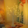 LED birch tree light for home decor, glowing night light with warm white lights and base. - White Tree Bare Light