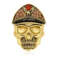 Vintage gold skull brooch with military cap rhinestone design for Halloween fashion accessory. - Antique Gold