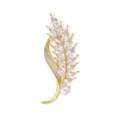 Gold wheat ear brooch with sparkling zirconia and pearl, elegant suit accessory. - Luxury Wheat Ear Style (L006) / Gold