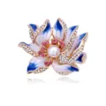 Lotus flower enamel brooch close-up featuring sparkling rhinestones and a central pearl accent. - Blue