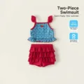 Kids cute two-piece swimsuit children summer blue plaid ruffled bikini set with cherry embroidery. - 80 / Top And Bottom / Blue White Gingham
