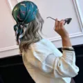 Elegant 70cm green square satin silk scarf with horse print worn as head bandana - 70x70cm / Green Pony