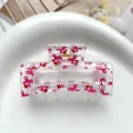 Clear close-up detail of a transparent square hair claw clip with sweet pink bows and cherry prints. - Type C Square Thermal Transfer (8.5cm) / Clear