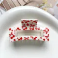 Close-up of square hair claw clip with sweet red cherry and bow print design for women hair. - Type D Square Thermal Transfer (8.5cm) / White