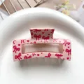 Close-up detail of a pink hair claw clip featuring cute dark pink bows and sweet heart prints. - Type E Square Thermal Transfer (8.5cm) / Pink