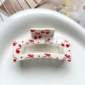 Detailed shot of a white square hair claw clip featuring sweet red cherry and bow print. - Type G Square Thermal Transfer (8.5cm) / White